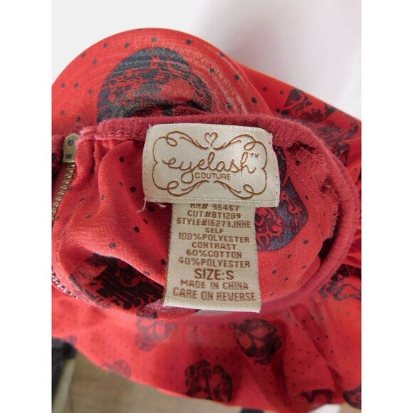 Red Semi-Sheer Skull Print Blouse Womens S Back Zipper & 3/4 Sleeves - Picture 5 of 12